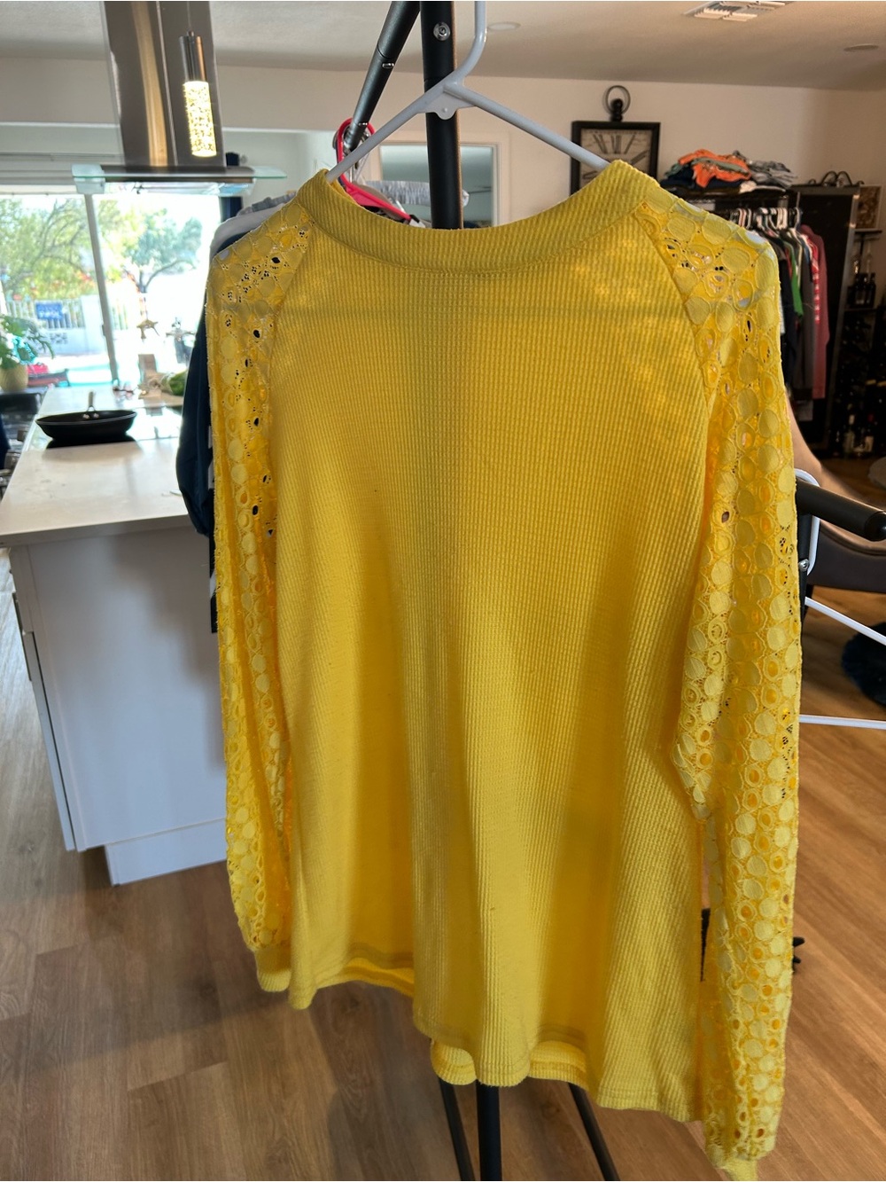 Women's Yellow Lace-Sleeve Long Sleeve Top